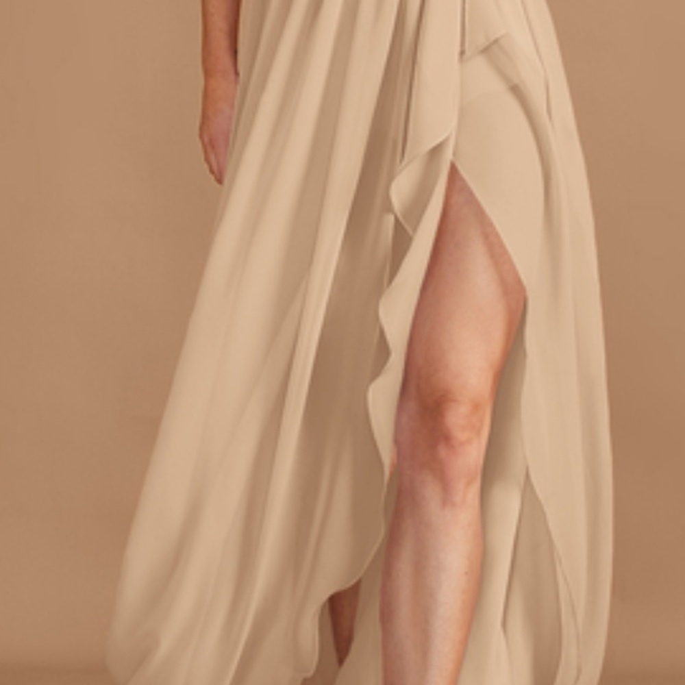 Tan Asymmetrical Silky Sundress with Flutter Sleeves - Picture 3 of 4